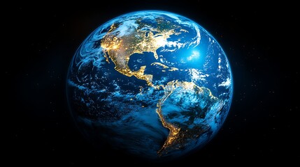 A blue Earth with lights on it centered, Realistic 3d planet earth