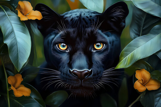 Colorful Street Art Panther Mural: Hyper-Realistic Graffiti with Tropical Leaves, Bougainvillea, Cute Big Eyes, Pastel Hues, Animal Print & Whimsical Details in Gary Greer & JOLA Style