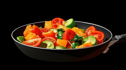 Colorful Mixed Vegetables in a Black Frying Pan on a Dark Background Ideal for Healthy Cooking