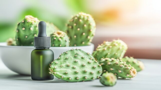 Green dropper bottle containing essential oil resting on white surface near fresh prickly pear pads, highlighting natural skincare and botanical extract benefits