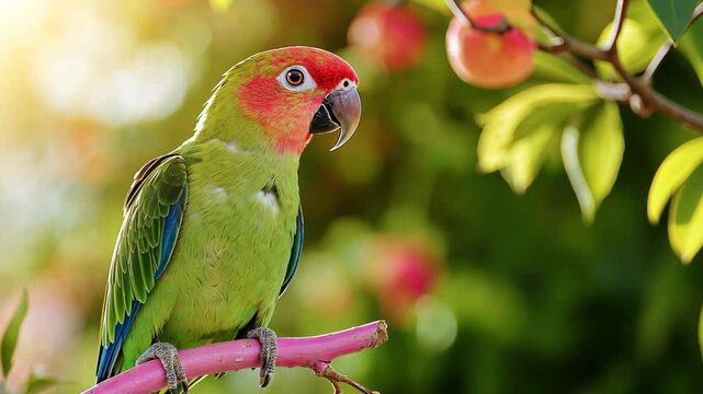 colorful parrot bird in lush green nature landscape, tranquil forest, bird in nature background	
