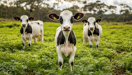 Three Curious Cows Grazing in a Lush Green Field Surrounded by Nature, Capturing a Serene Moment of Farm Life with Bright Sky and Healthy Pasture