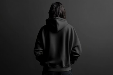 Dark Hooded Sweatshirt Back View Against Minimalist Background