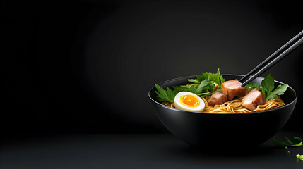 Intentional and traditional ramen noodles with ingredients noodle, pork chashu, and eggs for cooking
