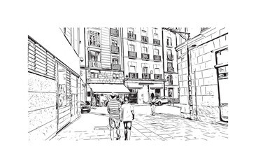 Print Building view with landmark of Burgos city in Spain. Hand drawn sketch illustration in vector.