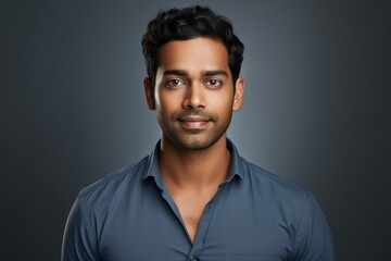 Obraz premium Portrait of smiling indian businessman wearing blue shirt on dark gray background