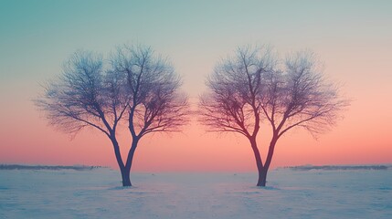 Winter Sunset Serenity Two Bare Trees Stand Tall in Snowy Landscape Peaceful Pastel Colors