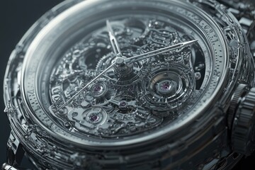 Intricate watch mechanism, close-up detail, showcasing gears and jewels, dark background; ideal for luxury timepiece advertising
