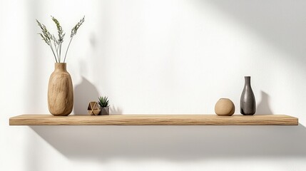 Minimalist Home Decor Display Featuring Wooden Shelf, Vases, Plants, and Natural Elements