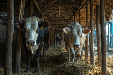 Two farm cows standing in a rustic barn environment with straw bedding and wooden beams, showcasing rural life and agricultural practices in a serene countryside setting.