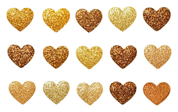 PNG Shiny hearts in various gold and bronze shades