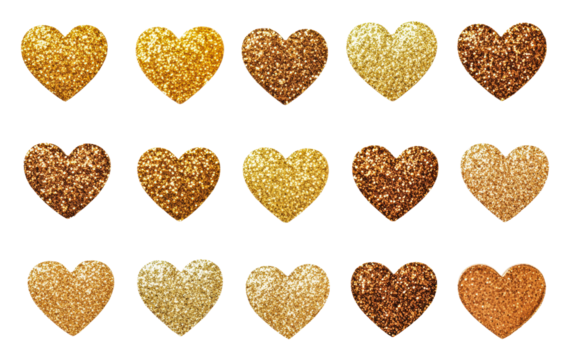 PNG Shiny hearts in various gold and bronze shades