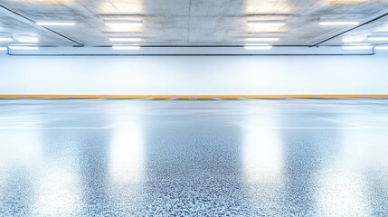Fluorescent lighting illuminating empty underground parking garage with smooth concrete floor, highlighting bright yellow parking bumpers and minimalist architectural design