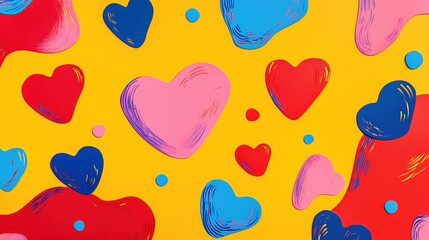 Colorful Heart Pattern Bright Yellow Background Abstract Art Design