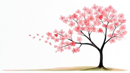 Fototapeta premium Elegant Blossom Tree with Pink Flowers and Falling Petals on Soft White Background