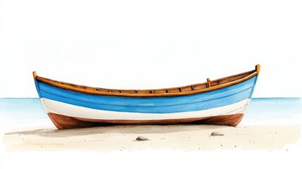 Fototapeta premium Blue and White Wooden Boat on Sandy Beach with Calm Water Background and Clear Sky