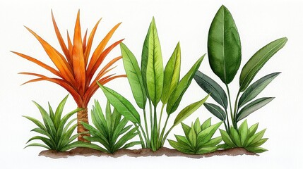 Vibrant Collection of Tropical Plants in Watercolor Style for Botanical Art and Decor