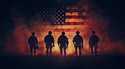 Soldiers walking towards a glowing American flag in a dark, smoky environment at night