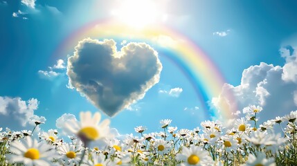 Fototapeta premium Heart Cloud Rainbow Sunny Sky Daisies Field Romantic Love Nature Spring