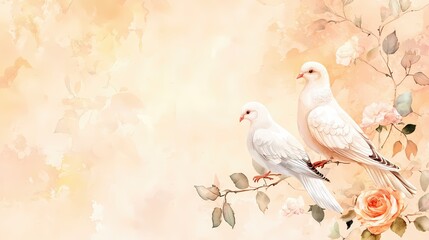Obraz premium Two White Doves Resting on Branch Amidst Peach Watercolor Roses