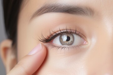 Obraz premium Beautician gently touching perfect skin under eye with long eyelashes after cosmetic treatment