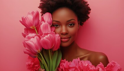 Fototapeta premium Woman with vibrant pink flowers striking a pose against a colorful backdrop