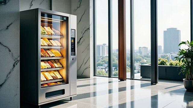 Office with a vending machine in front of a floor-to-ceiling window next to a clean wall, marble floor, bright, modern