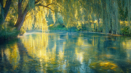 Fototapeta premium Golden Sunlight Reflecting on a Tranquil Pond