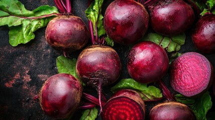 Vibrant Beetroot Harvest: A Close-Up of Fresh Beetroots with Lush Green Leaves