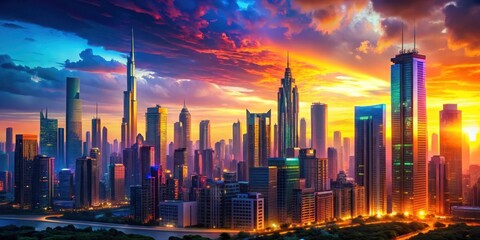 Fototapeta premium Vibrant multicolored title on a futuristic cityscape at sunset, colorful text , sunset