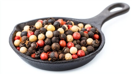 A cast iron skillet filled with colorful mixed peppercorns, showcasing a variety of sizes and colors, ideal for enhancing culinary dishes.