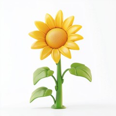 3D icon cartoon blooming sunflower with bright yellow petals isolated on a white background