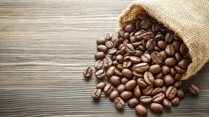 A burlap sack spills roasted coffee beans onto a wooden surface, showcasing their rich brown color and texture.