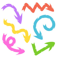 Hand drawn arrow vector icons set. Sketch arrow design for business plan and education. Set of colorful arrows icons. Circle arrows, rotate arrow, redo process symbol.