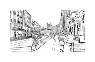Print Building view with landmark of Burgos city in Spain. Hand drawn sketch illustration in vector.