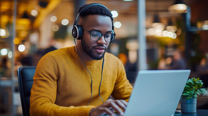 Fototapeta premium Focused man with headset working on laptop in cafe