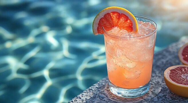 Refreshing cocktail garnished with citrus beside a serene pool on a sunny day