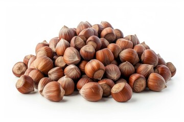 Fototapeta premium Many hazelnuts are forming a pile on a white background, creating the shape of a small mountain