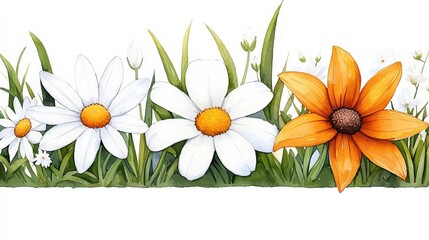 Colorful Floral Border with White Daisies and Bright Orange Flower Against a White Background