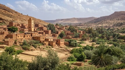 Obraz premium Breathtaking Panorama of a Berber Village Nestled in the Moroccan Atlas Mountains