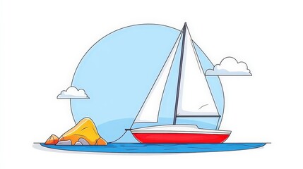 Fototapeta premium Sailing Boat Illustration with Rock and Clouds in Minimalist Style