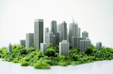Fototapeta premium a green plant growing on a city model with skyscrapers, isolated over a white background.