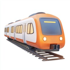 3D icon cartoon commuter train with lit windows, isolated on a white background 
