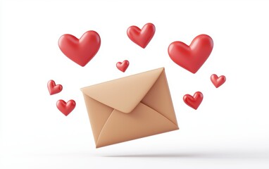 3D icon cartoon envelope with floating hearts isolated on a white background