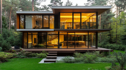 Spacious wooden house with vibrant lighting in a forest clearing