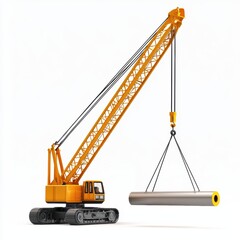 3D icon cartoon crane lifting a steel beam, isolated on a white background -