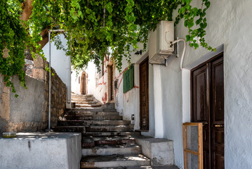 Beautiful medieval architecture of Lindos town in Rhodes, Greece.
