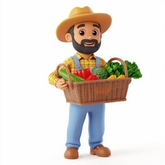 3D icon cartoon farmer holding a basket of vegetables isolated on a white background -