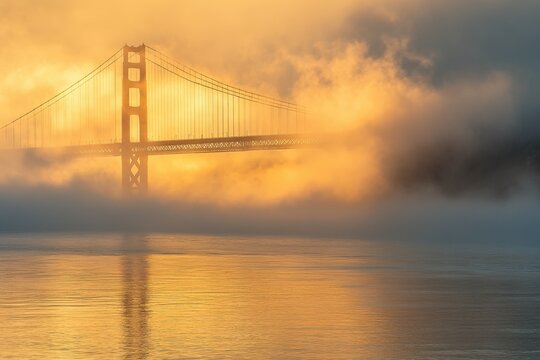 Golden gate bridge emerging from fog at sunrise in san francisco