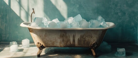 Bathtub filled with ice cubes in a serene bathroom setting featuring a calming blue background and elegant design